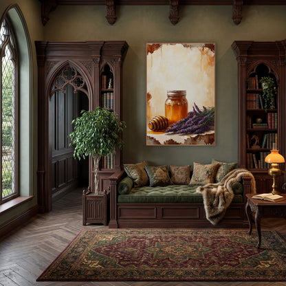 Amber Honey Jar Lavender Still Life wall art in a moody dark academia room – still life of an amber honey jar