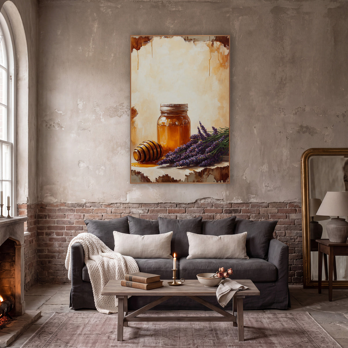Amber Honey Jar Lavender Still Life wall art in a moody dark academia room – still life of an amber honey jar