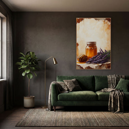 Amber Honey Jar Lavender Still Life wall art in a moody dark academia room – still life of an amber honey jar