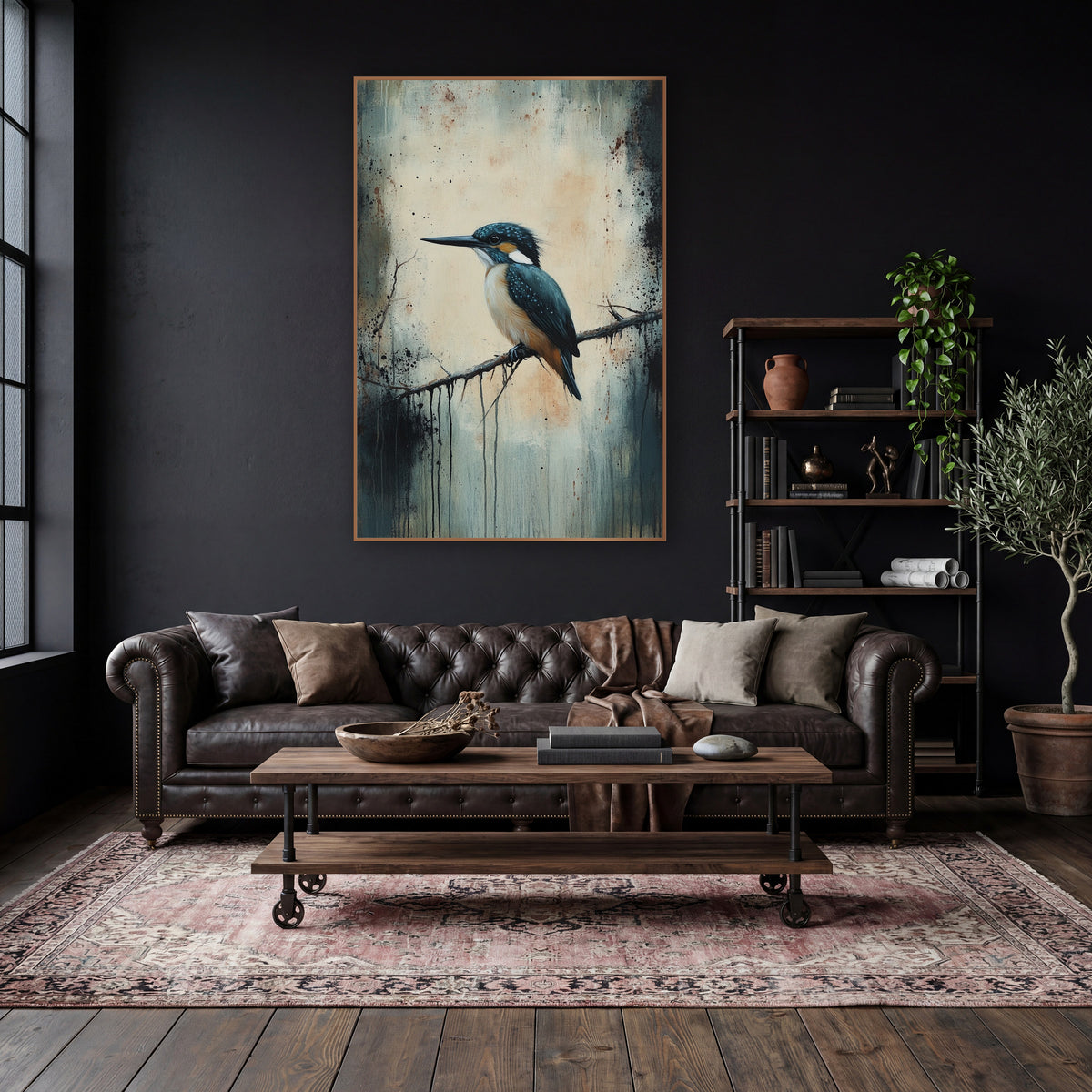 Teal Kingfisher Perched Moody Bird wall art in a moody dark academia room – teal kingfisher with orange chest perched