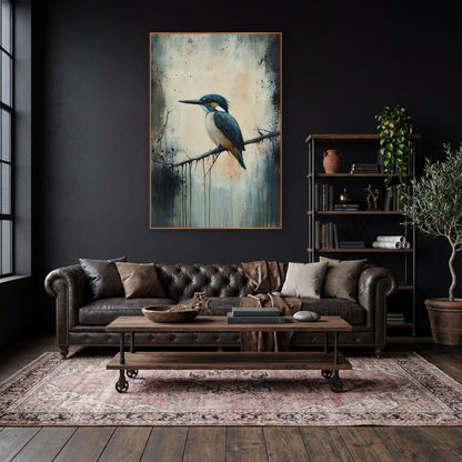 Teal Kingfisher Perched Moody Bird wall art in a moody dark academia room – teal kingfisher with orange chest perched