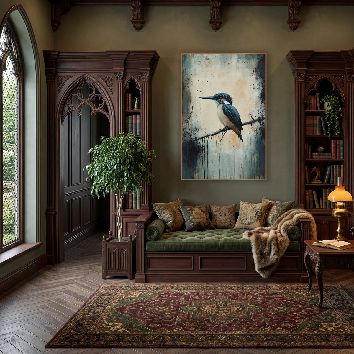 Teal Kingfisher Perched Moody Bird wall art in a moody dark academia room – teal kingfisher with orange chest perched