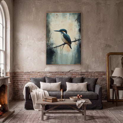 Teal Kingfisher Perched Moody Bird wall art in a moody dark academia room – teal kingfisher with orange chest perched