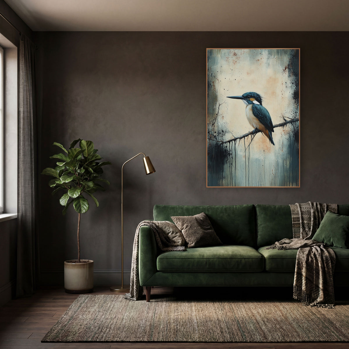 Teal Kingfisher Perched Moody Bird wall art in a moody dark academia room – teal kingfisher with orange chest perched