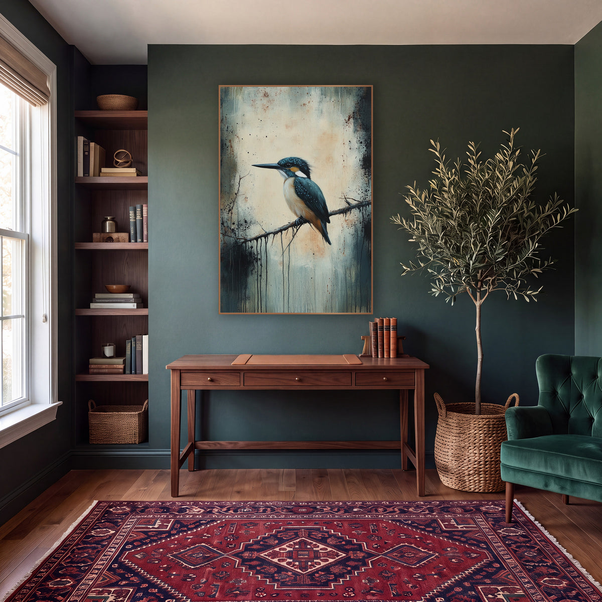 Teal Kingfisher Perched Moody Bird wall art in a moody dark academia room – teal kingfisher with orange chest perched