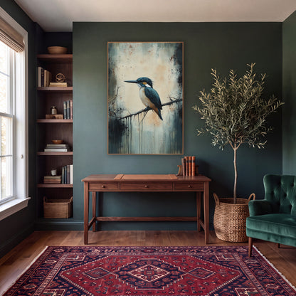 Teal Kingfisher Perched Moody Bird wall art in a moody dark academia room – teal kingfisher with orange chest perched