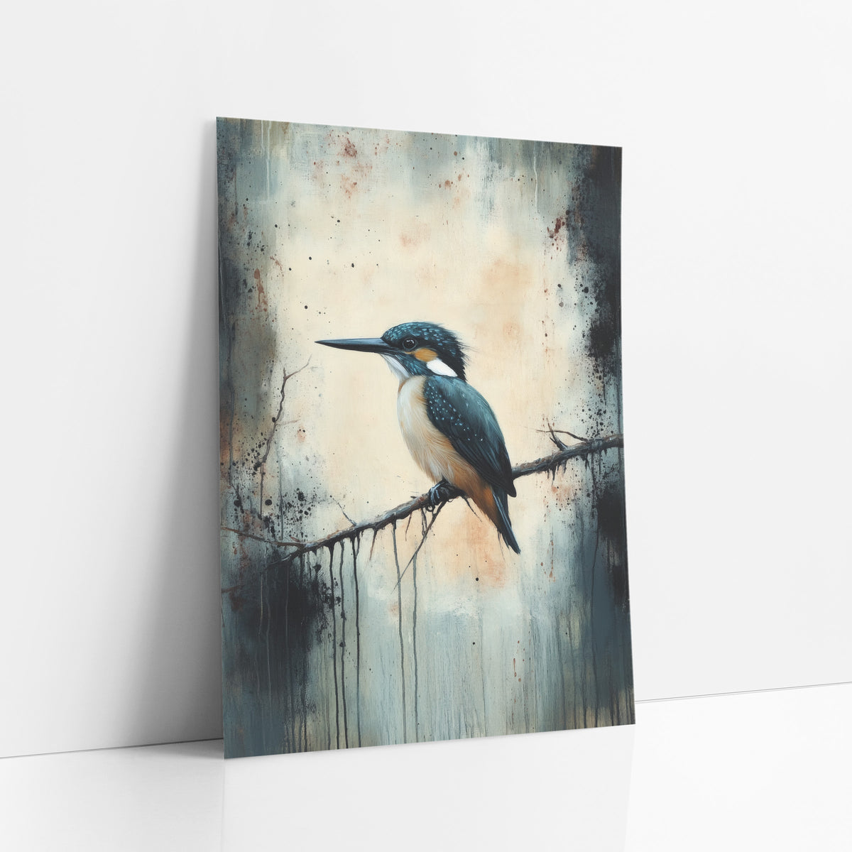 Teal Kingfisher Perched Moody Bird art print leaning against a white wall – teal kingfisher with orange chest perched