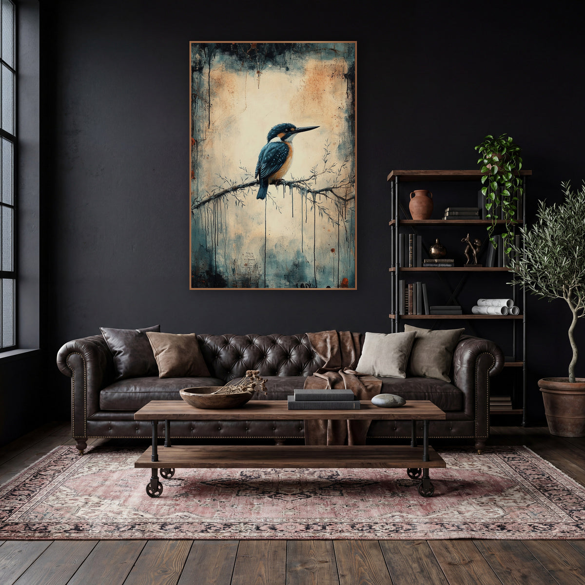 Rust Dripped Kingfisher Perch Moody wall art in a moody dark academia room – kingfisher with teal wings and orange