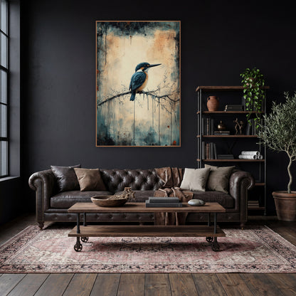 Rust Dripped Kingfisher Perch Moody wall art in a moody dark academia room – kingfisher with teal wings and orange