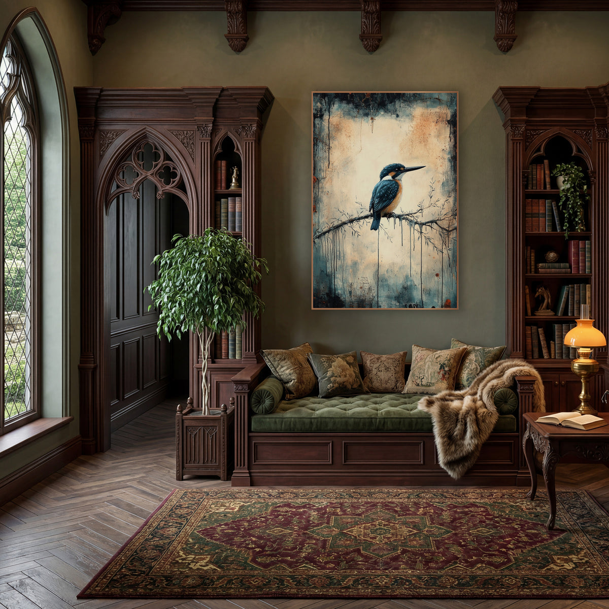 Rust Dripped Kingfisher Perch Moody wall art in a moody dark academia room – kingfisher with teal wings and orange