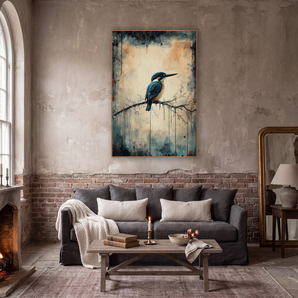 Rust Dripped Kingfisher Perch Moody wall art in a moody dark academia room – kingfisher with teal wings and orange