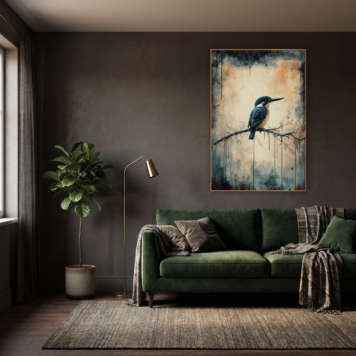 Rust Dripped Kingfisher Perch Moody wall art in a moody dark academia room – kingfisher with teal wings and orange