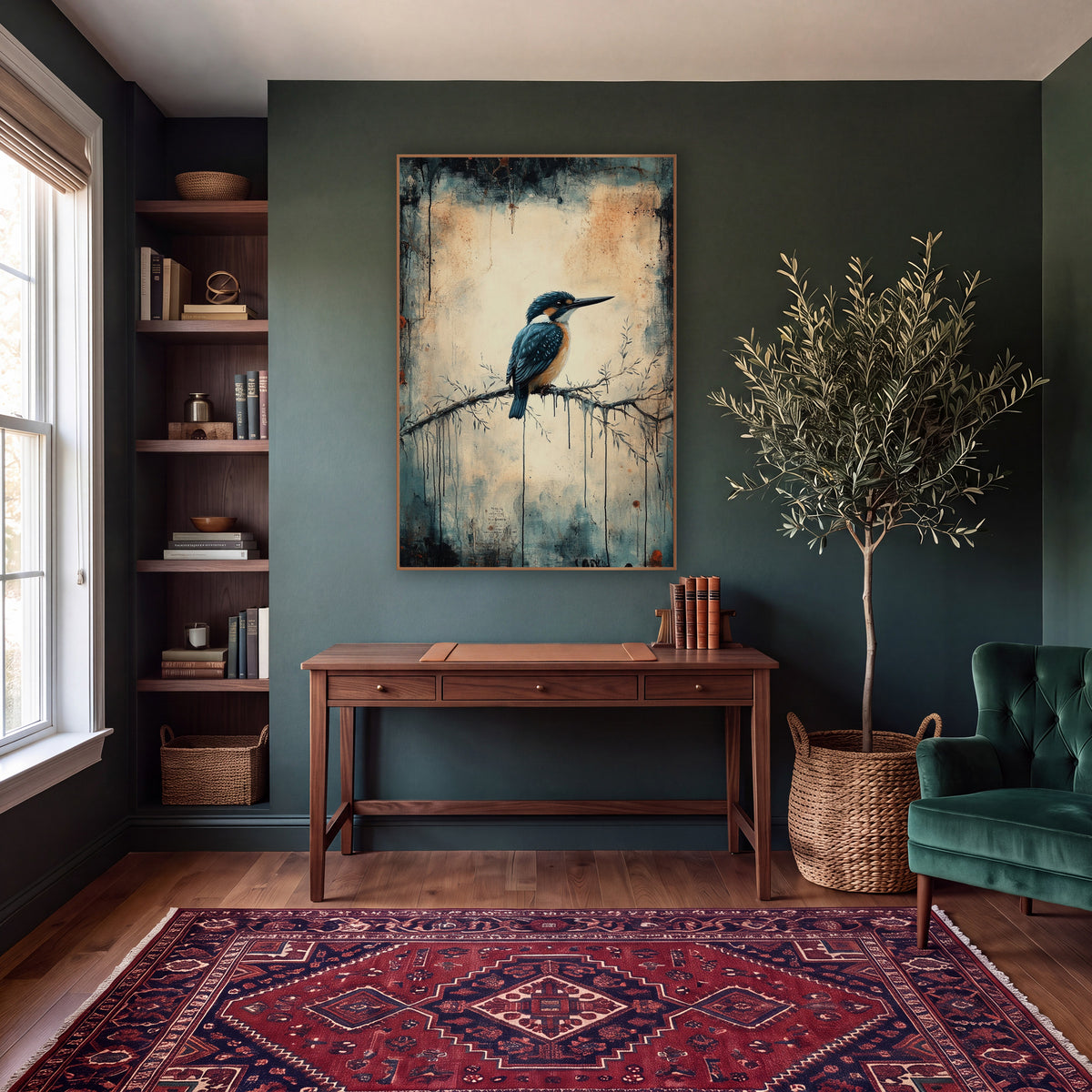 Rust Dripped Kingfisher Perch Moody wall art in a moody dark academia room – kingfisher with teal wings and orange