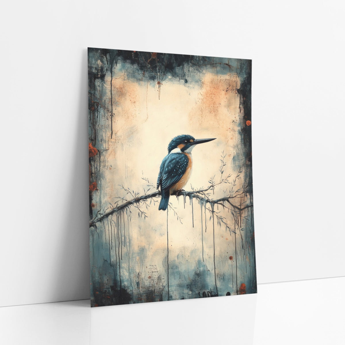 Rust Dripped Kingfisher Perch Moody art print leaning against a white wall – kingfisher with teal wings and orange chest