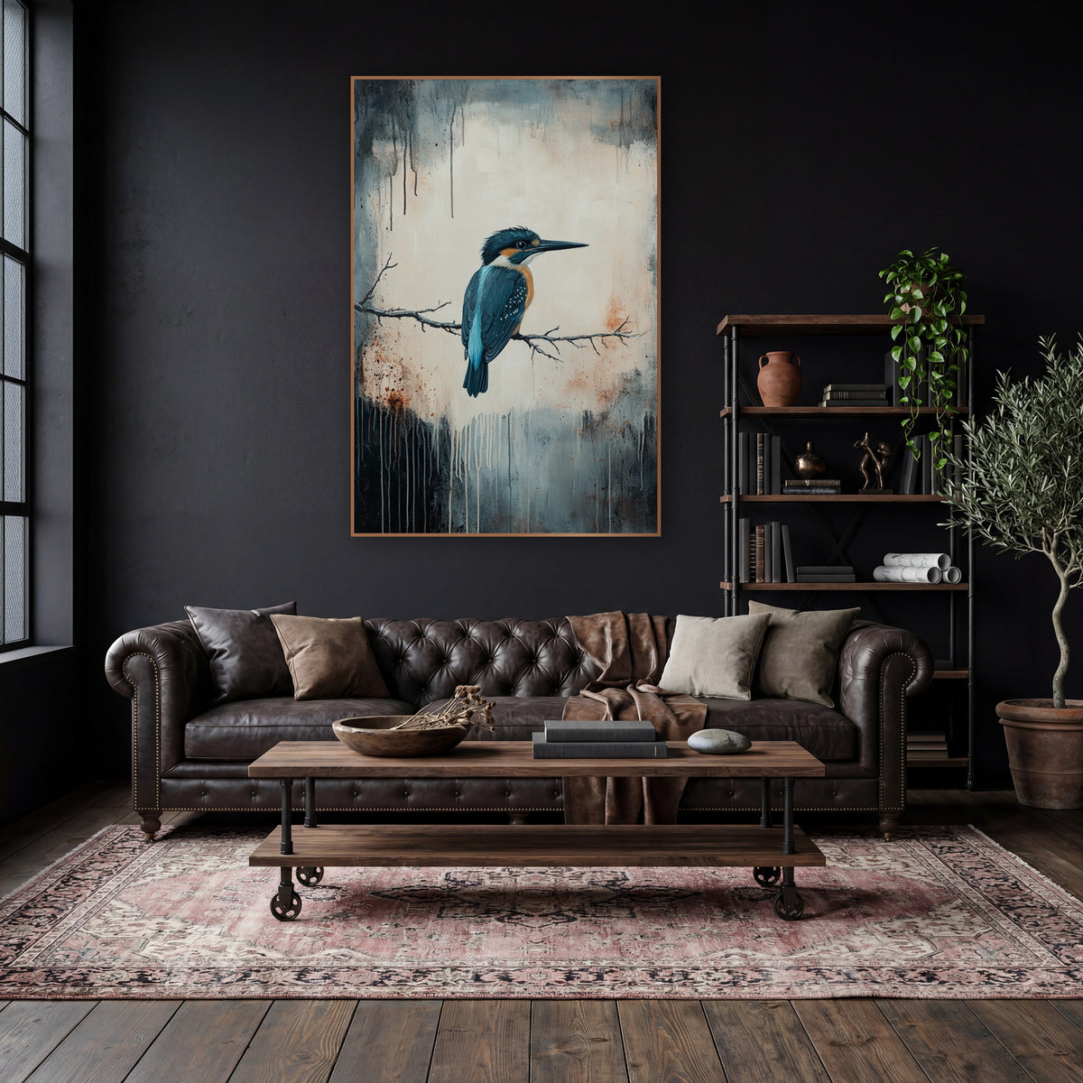 Teal Kingfisher Bare Twig Moody wall art in a moody dark academia room – teal and orange kingfisher perched on a bare