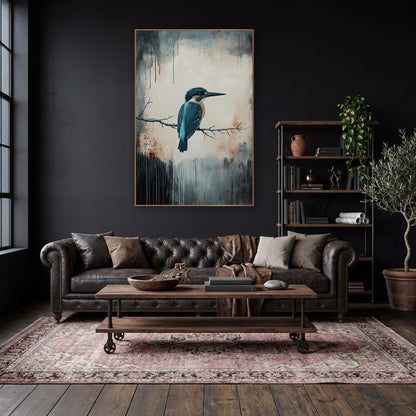 Teal Kingfisher Bare Twig Moody wall art in a moody dark academia room – teal and orange kingfisher perched on a bare