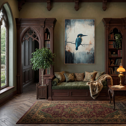 Teal Kingfisher Bare Twig Moody wall art in a moody dark academia room – teal and orange kingfisher perched on a bare