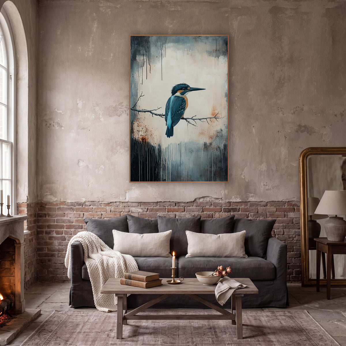 Teal Kingfisher Bare Twig Moody wall art in a moody dark academia room – teal and orange kingfisher perched on a bare