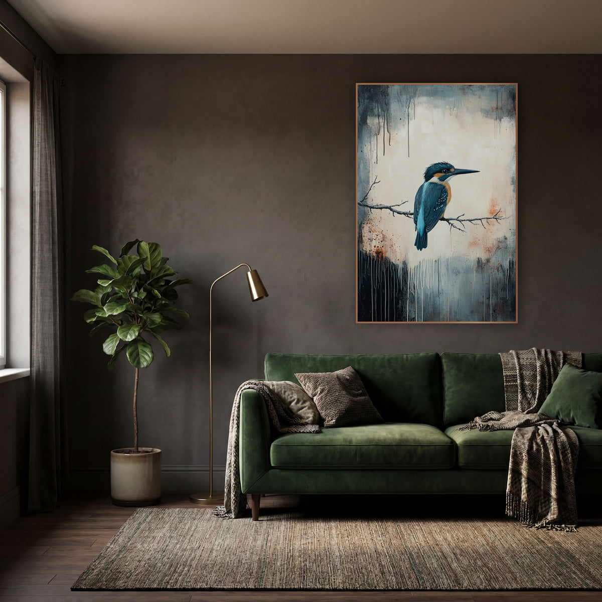Teal Kingfisher Bare Twig Moody wall art in a moody dark academia room – teal and orange kingfisher perched on a bare