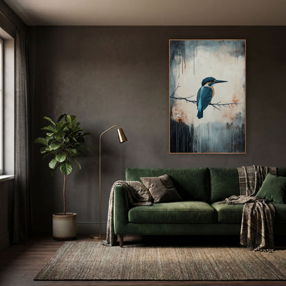 Teal Kingfisher Bare Twig Moody wall art in a moody dark academia room – teal and orange kingfisher perched on a bare