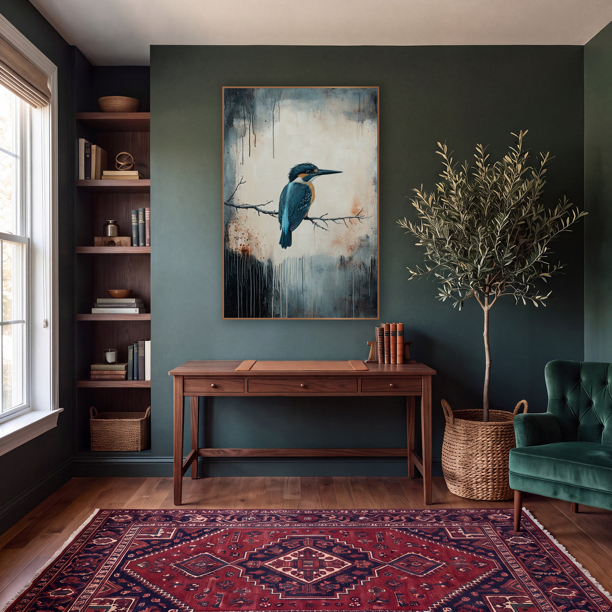 Teal Kingfisher Bare Twig Moody wall art in a moody dark academia room – teal and orange kingfisher perched on a bare