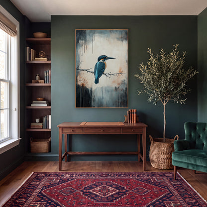 Teal Kingfisher Bare Twig Moody wall art in a moody dark academia room – teal and orange kingfisher perched on a bare