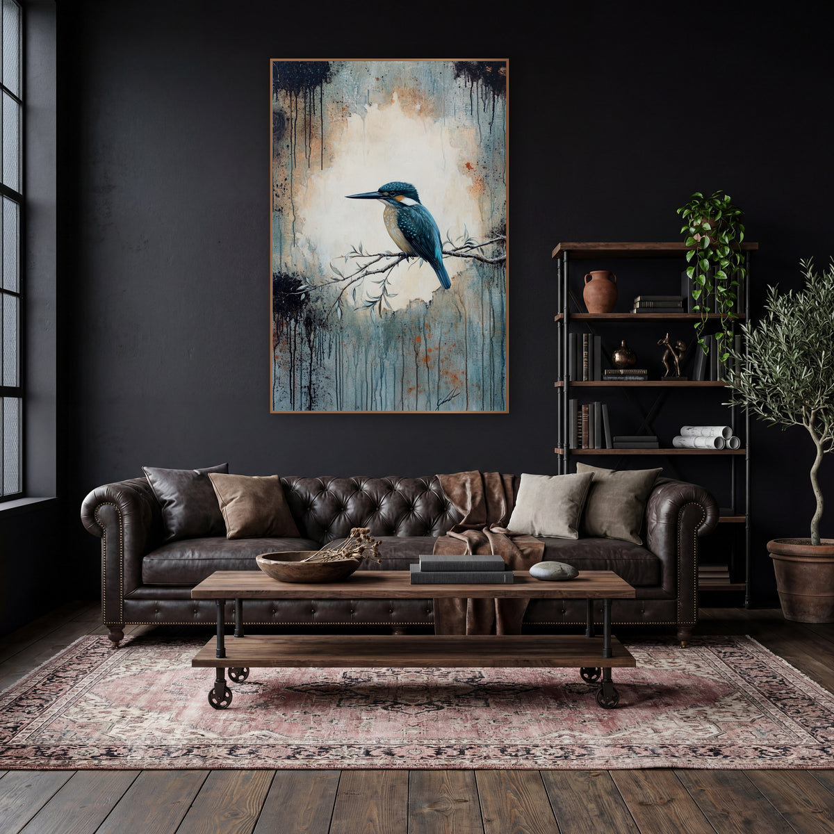 Teal Kingfisher on Branch Moody wall art in a moody dark academia room – teal kingfisher on a thin leafy branch before