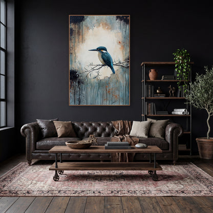 Teal Kingfisher on Branch Moody wall art in a moody dark academia room – teal kingfisher on a thin leafy branch before