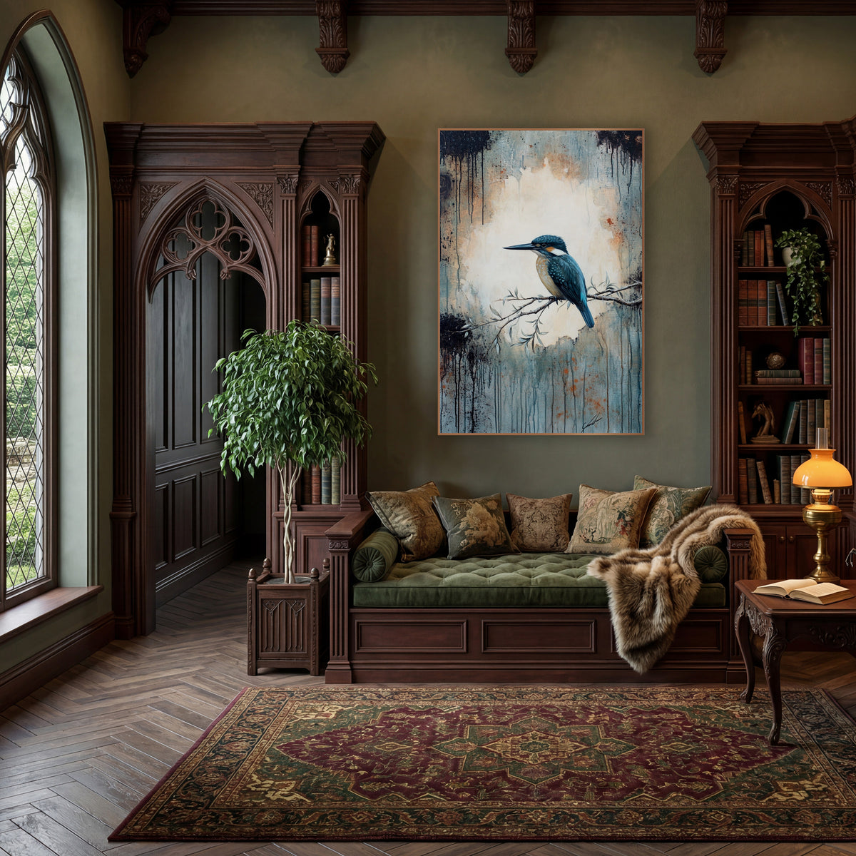 Teal Kingfisher on Branch Moody wall art in a moody dark academia room – teal kingfisher on a thin leafy branch before