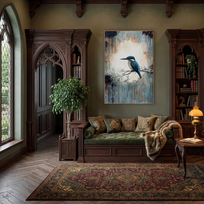 Teal Kingfisher on Branch Moody wall art in a moody dark academia room – teal kingfisher on a thin leafy branch before