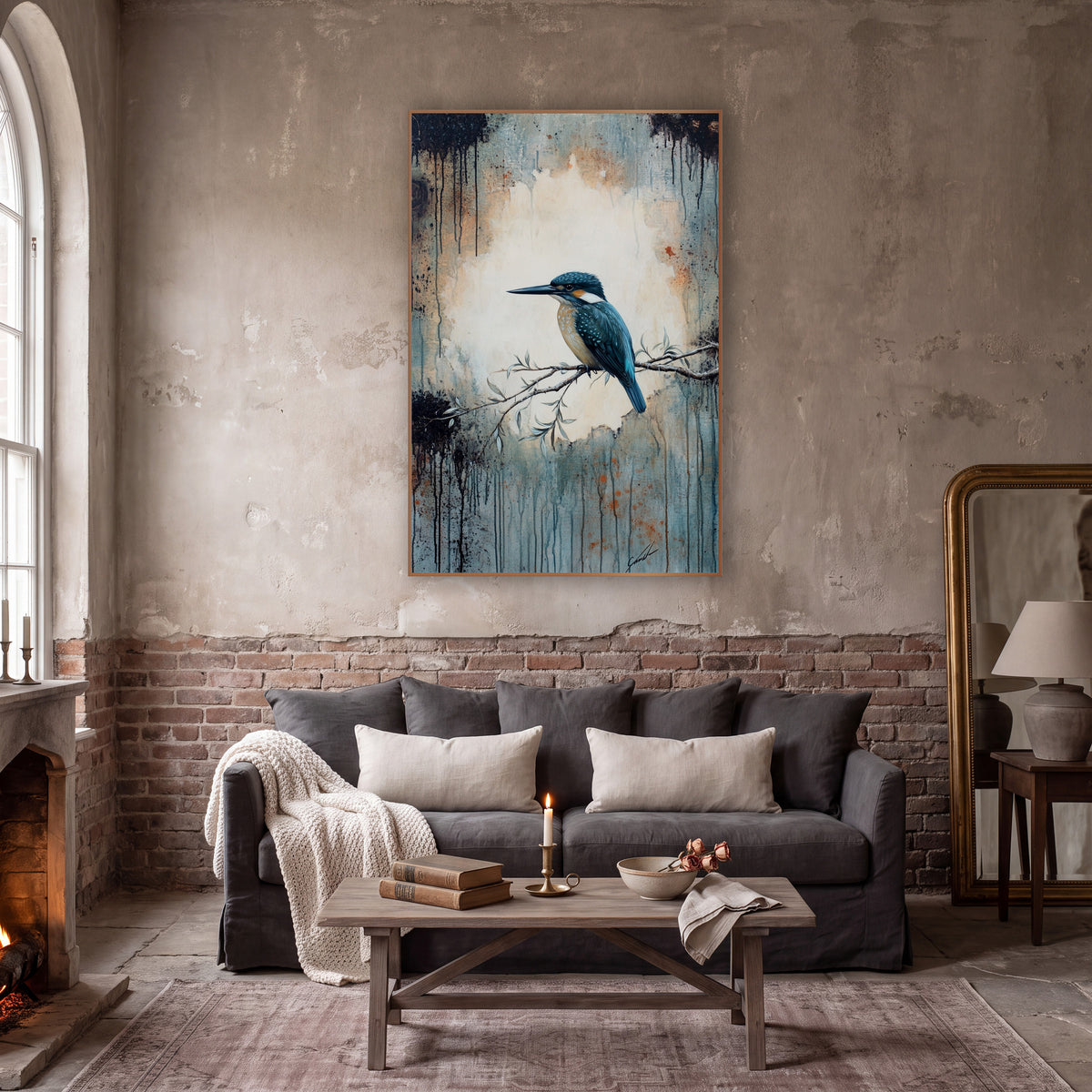 Teal Kingfisher on Branch Moody wall art in a moody dark academia room – teal kingfisher on a thin leafy branch before