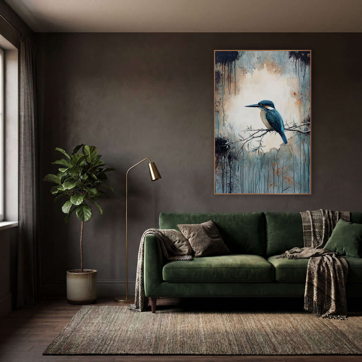 Teal Kingfisher on Branch Moody wall art in a moody dark academia room – teal kingfisher on a thin leafy branch before
