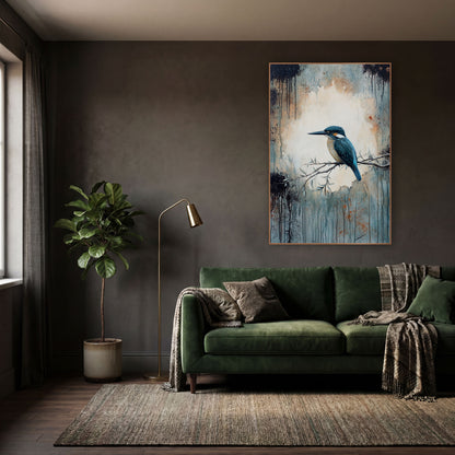 Teal Kingfisher on Branch Moody wall art in a moody dark academia room – teal kingfisher on a thin leafy branch before