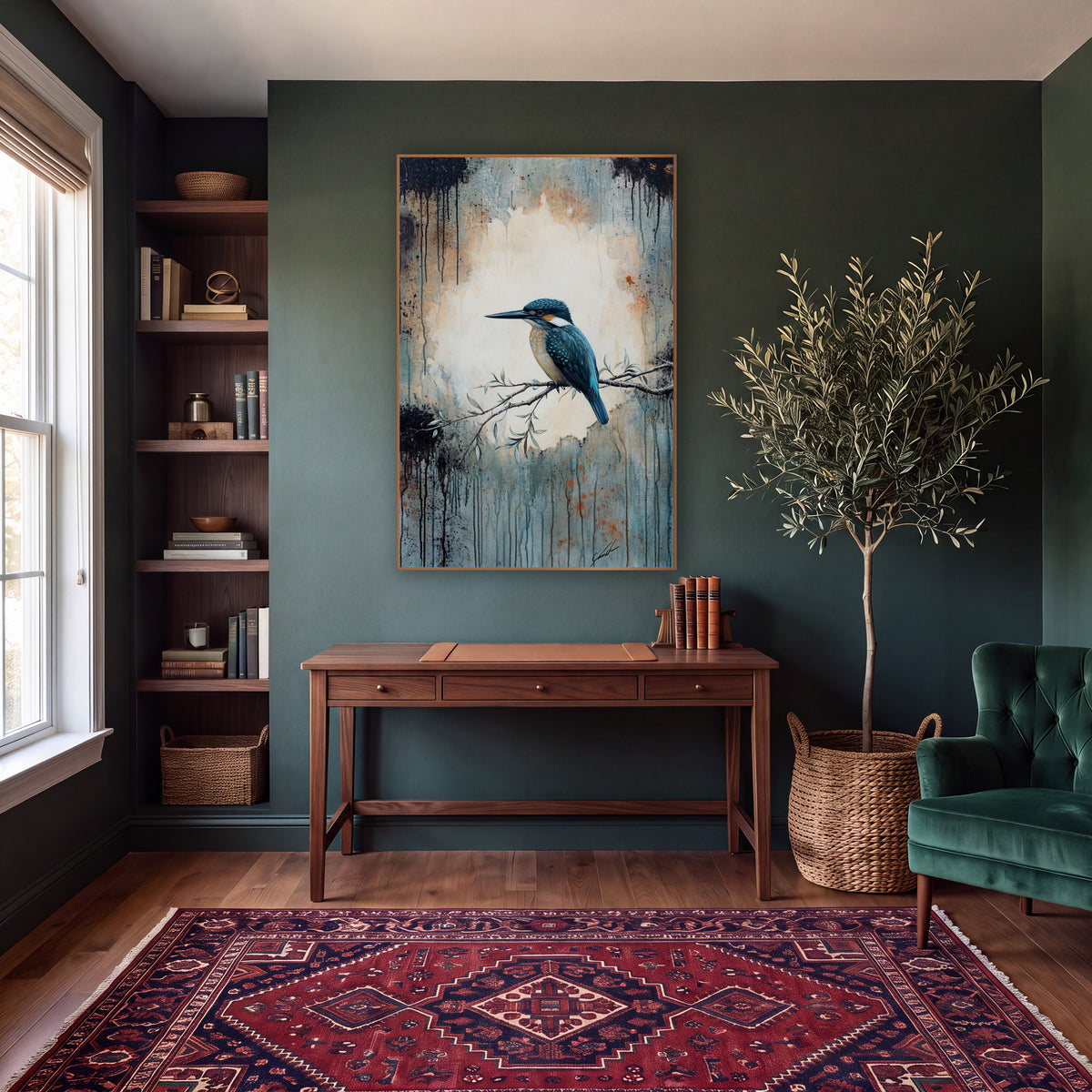 Teal Kingfisher on Branch Moody wall art in a moody dark academia room – teal kingfisher on a thin leafy branch before