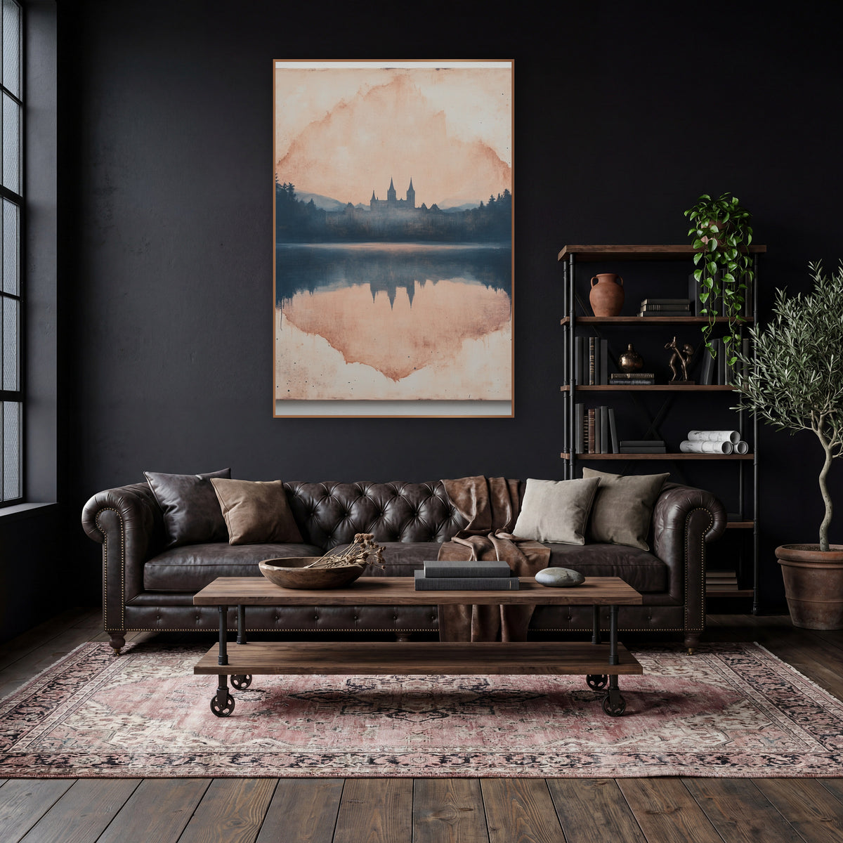 Misty Castle Lake Reflection Landscape wall art in a moody dark academia room – castle with pointed towers among
