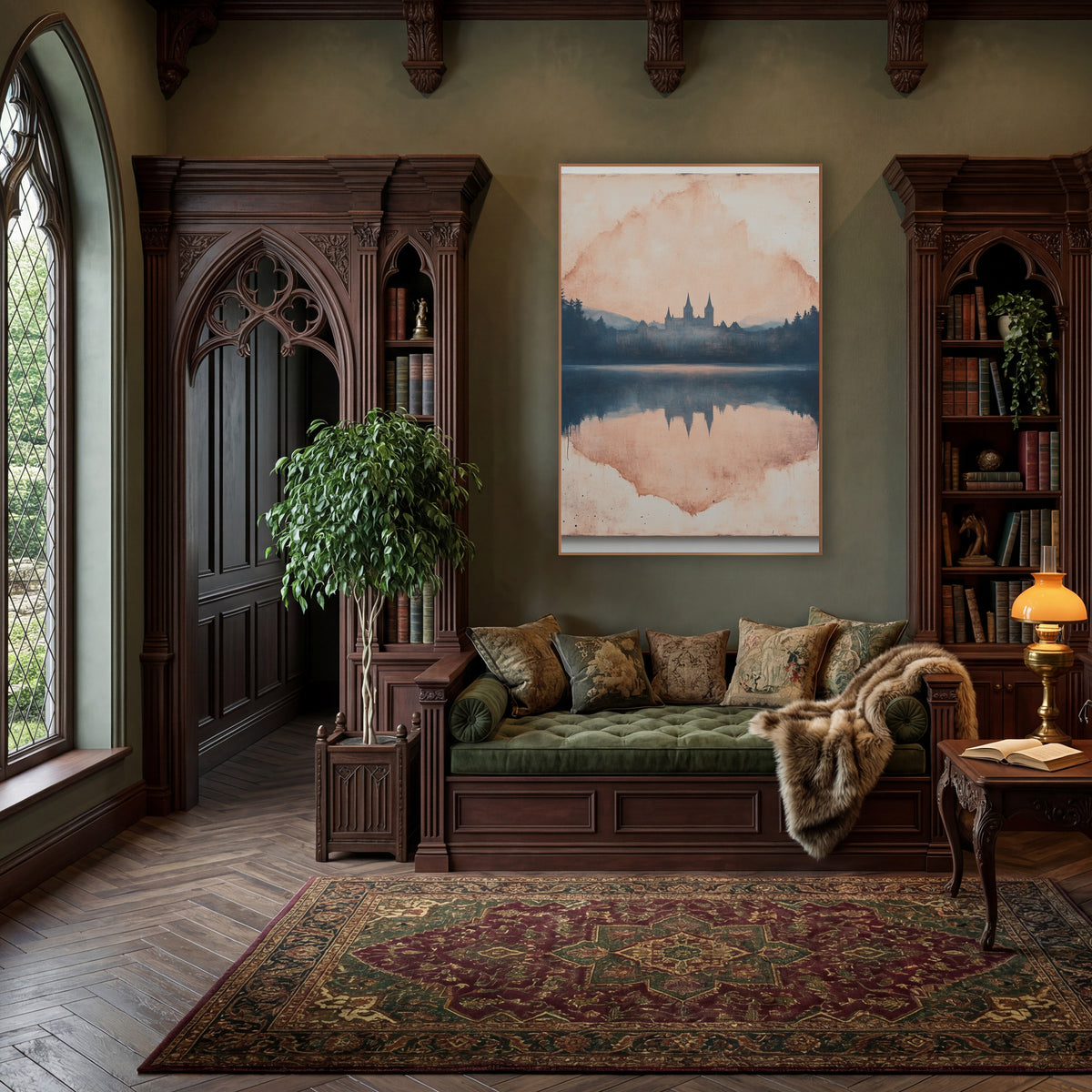 Misty Castle Lake Reflection Landscape wall art in a moody dark academia room – castle with pointed towers among