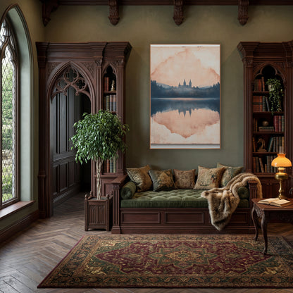 Misty Castle Lake Reflection Landscape wall art in a moody dark academia room – castle with pointed towers among