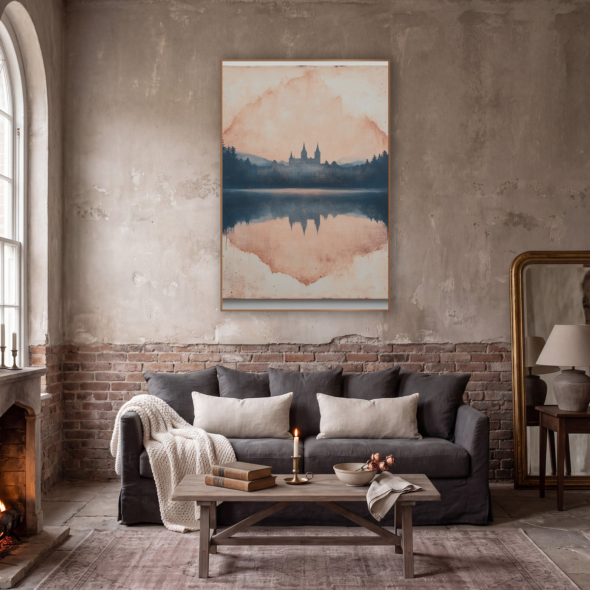 Misty Castle Lake Reflection Landscape wall art in a moody dark academia room – castle with pointed towers among