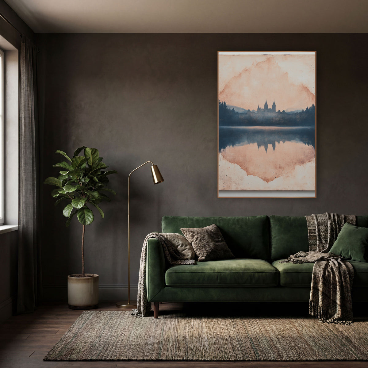 Misty Castle Lake Reflection Landscape wall art in a moody dark academia room – castle with pointed towers among