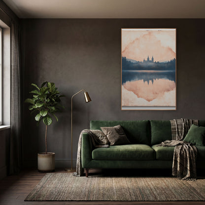 Misty Castle Lake Reflection Landscape wall art in a moody dark academia room – castle with pointed towers among