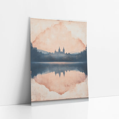 Misty Castle Lake Reflection Landscape art print leaning against a white wall – castle with pointed towers among evergreens