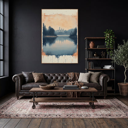 Misty Lake Abbey Landscape Moody wall art in a moody dark academia room – still blue lake reflecting a peach sky