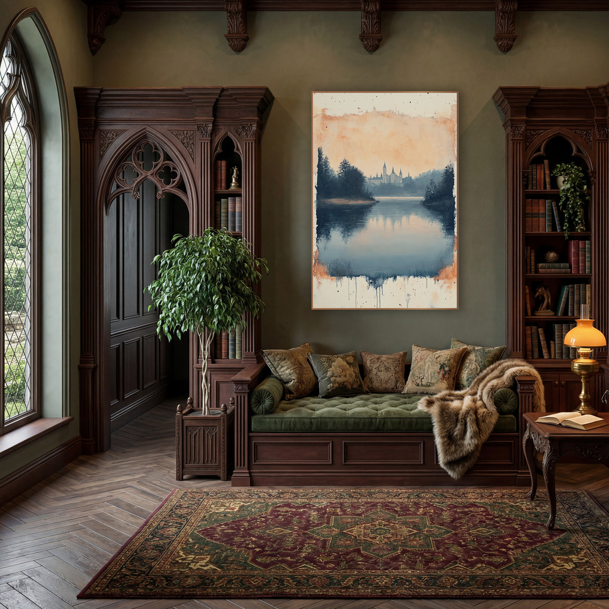 Misty Lake Abbey Landscape Moody wall art in a moody dark academia room – still blue lake reflecting a peach sky