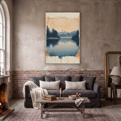 Misty Lake Abbey Landscape Moody wall art in a moody dark academia room – still blue lake reflecting a peach sky