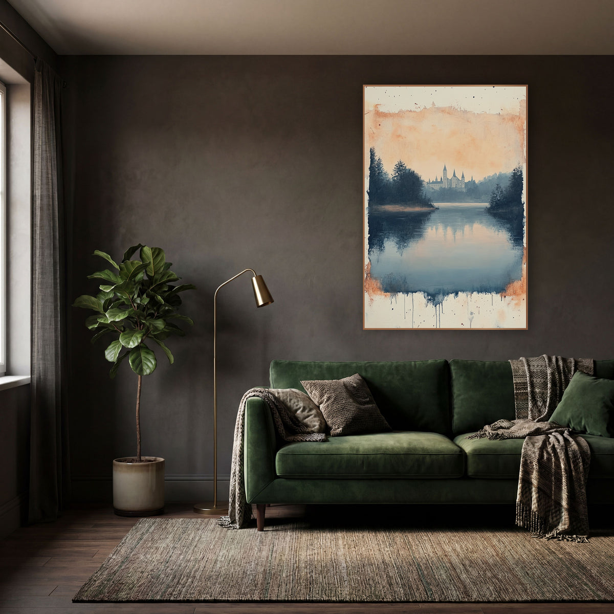 Misty Lake Abbey Landscape Moody wall art in a moody dark academia room – still blue lake reflecting a peach sky