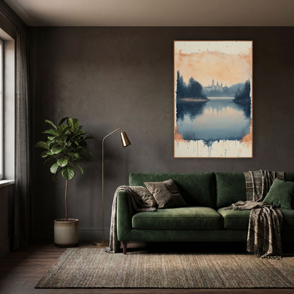 Misty Lake Abbey Landscape Moody wall art in a moody dark academia room – still blue lake reflecting a peach sky