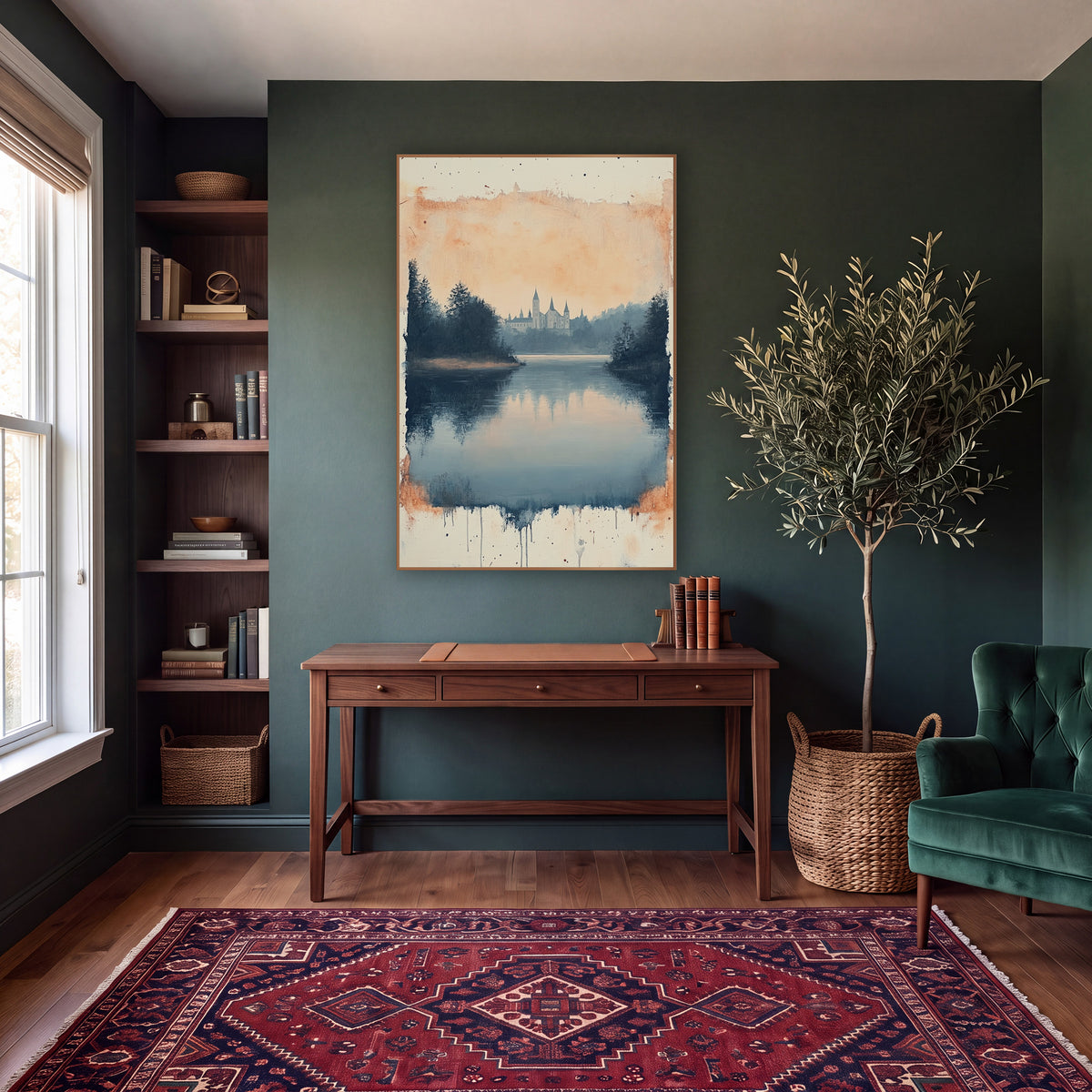 Misty Lake Abbey Landscape Moody wall art in a moody dark academia room – still blue lake reflecting a peach sky