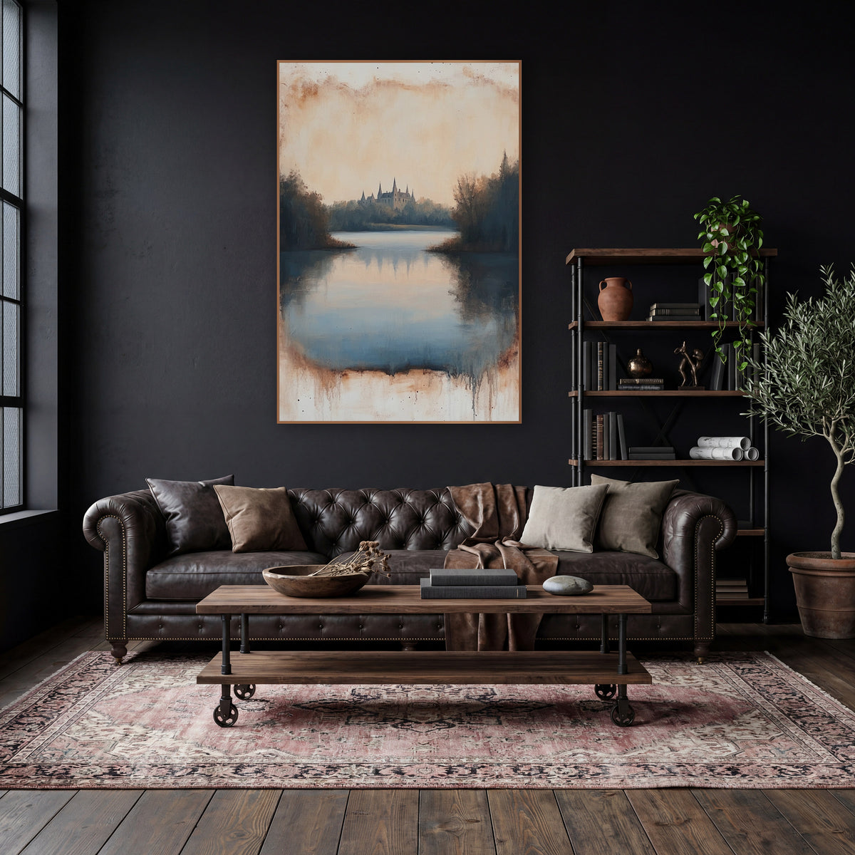Misty Castle Lake Landscape Vintage wall art in a moody dark academia room – castle with pointed towers across a still