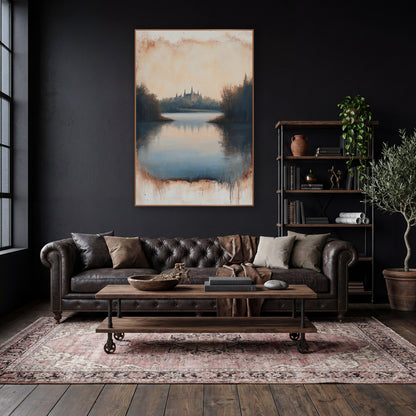 Misty Castle Lake Landscape Vintage wall art in a moody dark academia room – castle with pointed towers across a still