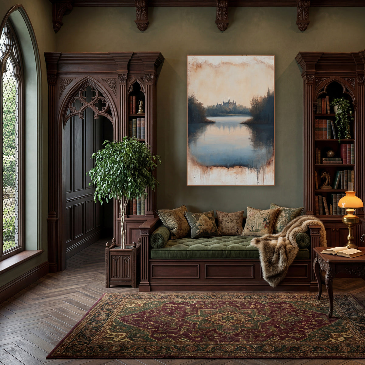 Misty Castle Lake Landscape Vintage wall art in a moody dark academia room – castle with pointed towers across a still